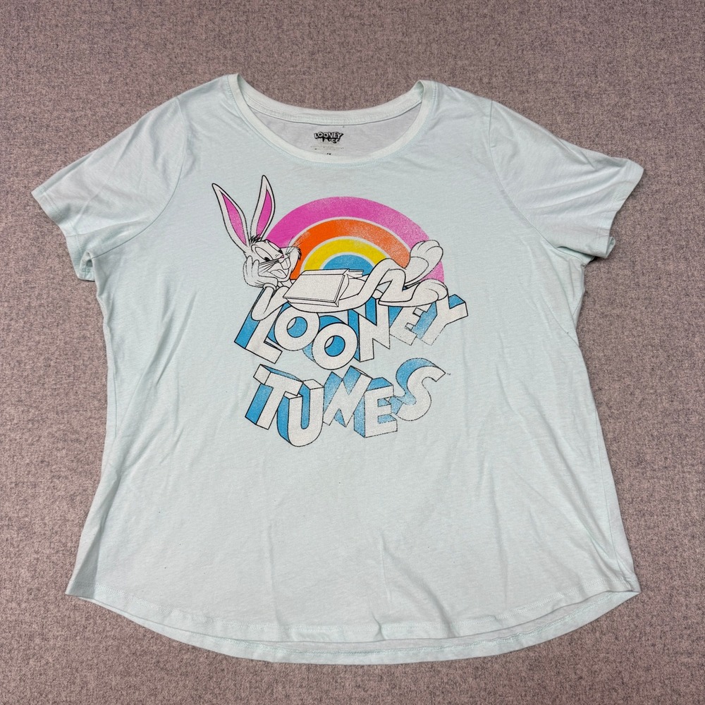 Looney Tunes Bugs Bunny Graphic T-Shirt Size 1X Light Blue Rainbow Short Sleeve